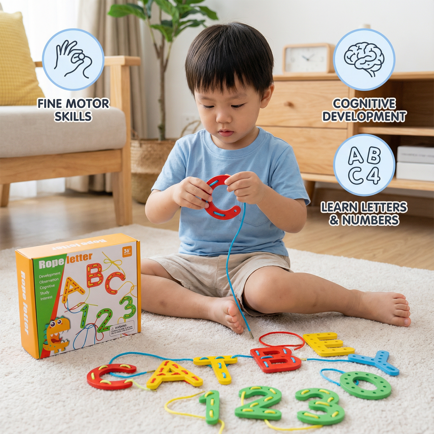 Letters, Numbers, and Colors Bead Stringing Learning Game Made of Wood