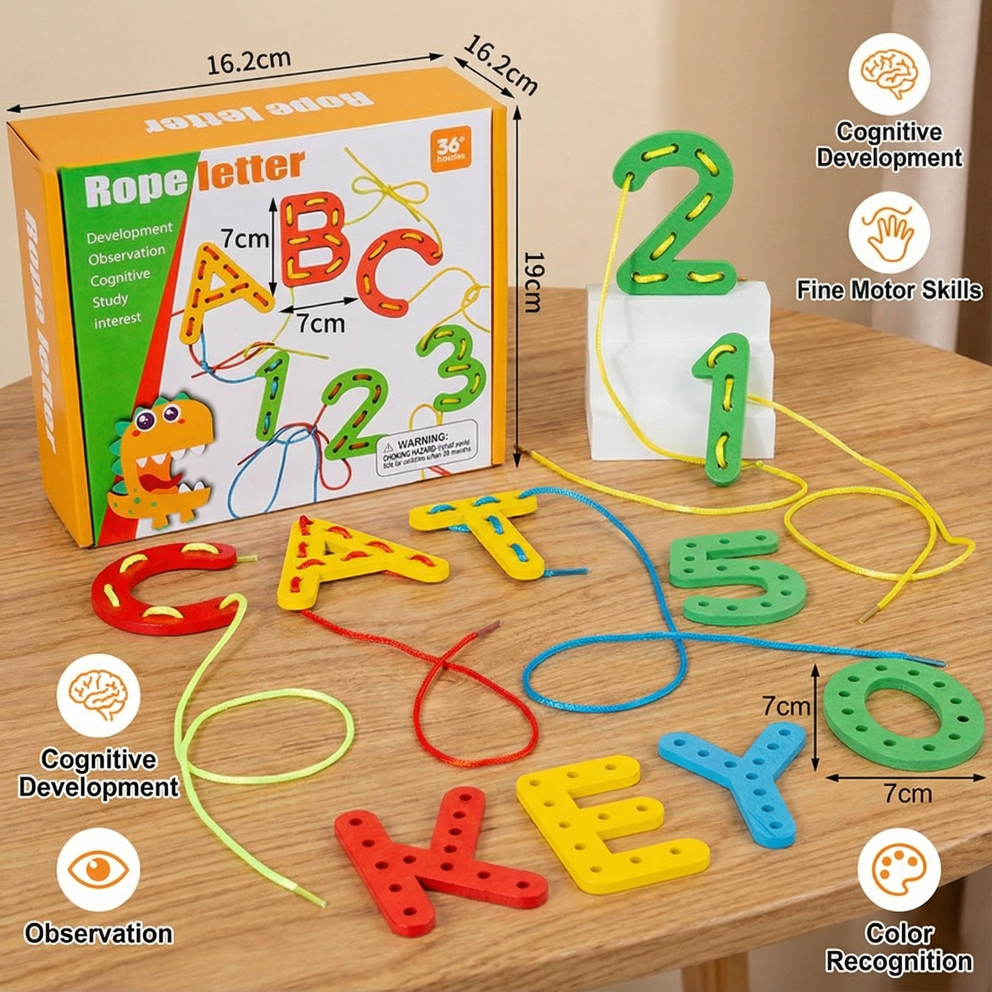 Letters, Numbers, and Colors Bead Stringing Learning Game Made of Wood
