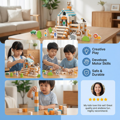 Montessori Wooden Building Block Set – Natural Stacking and Construction Toy