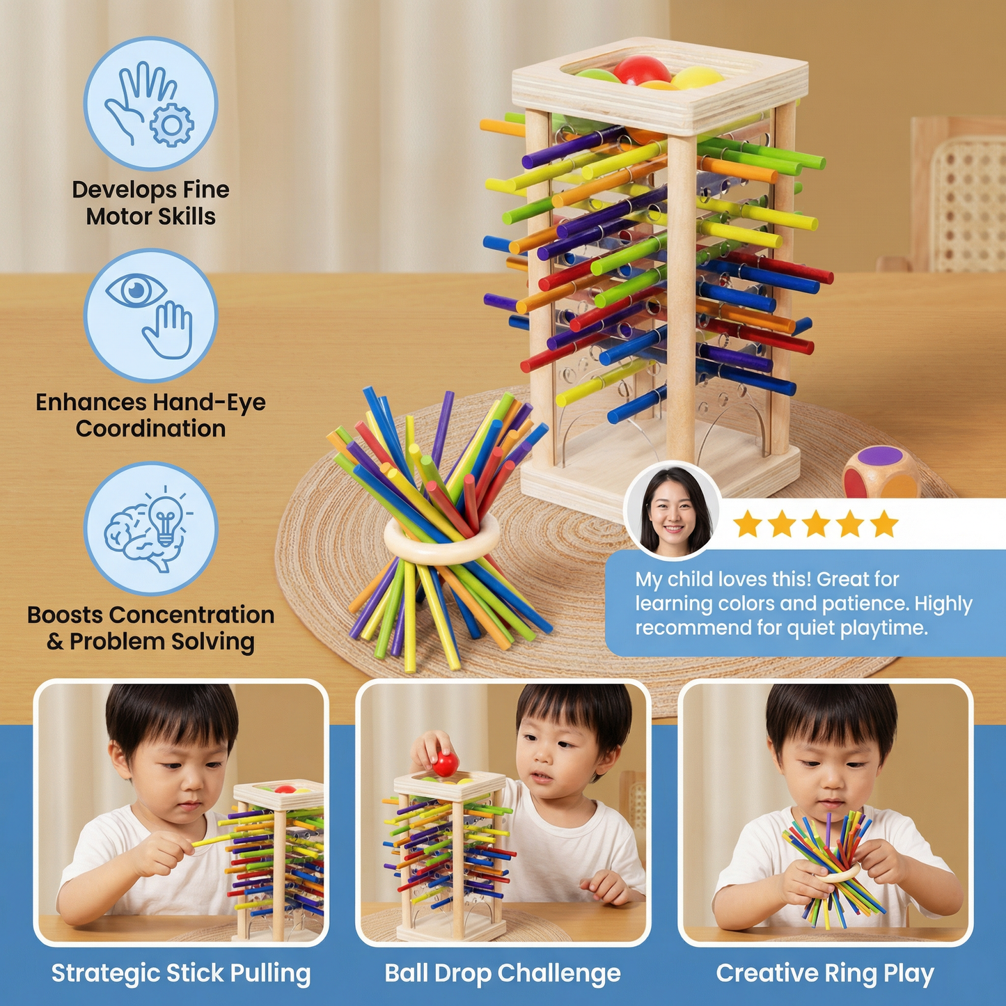 Educational 3-in-1 Wooden Ball and Stick Skill Game