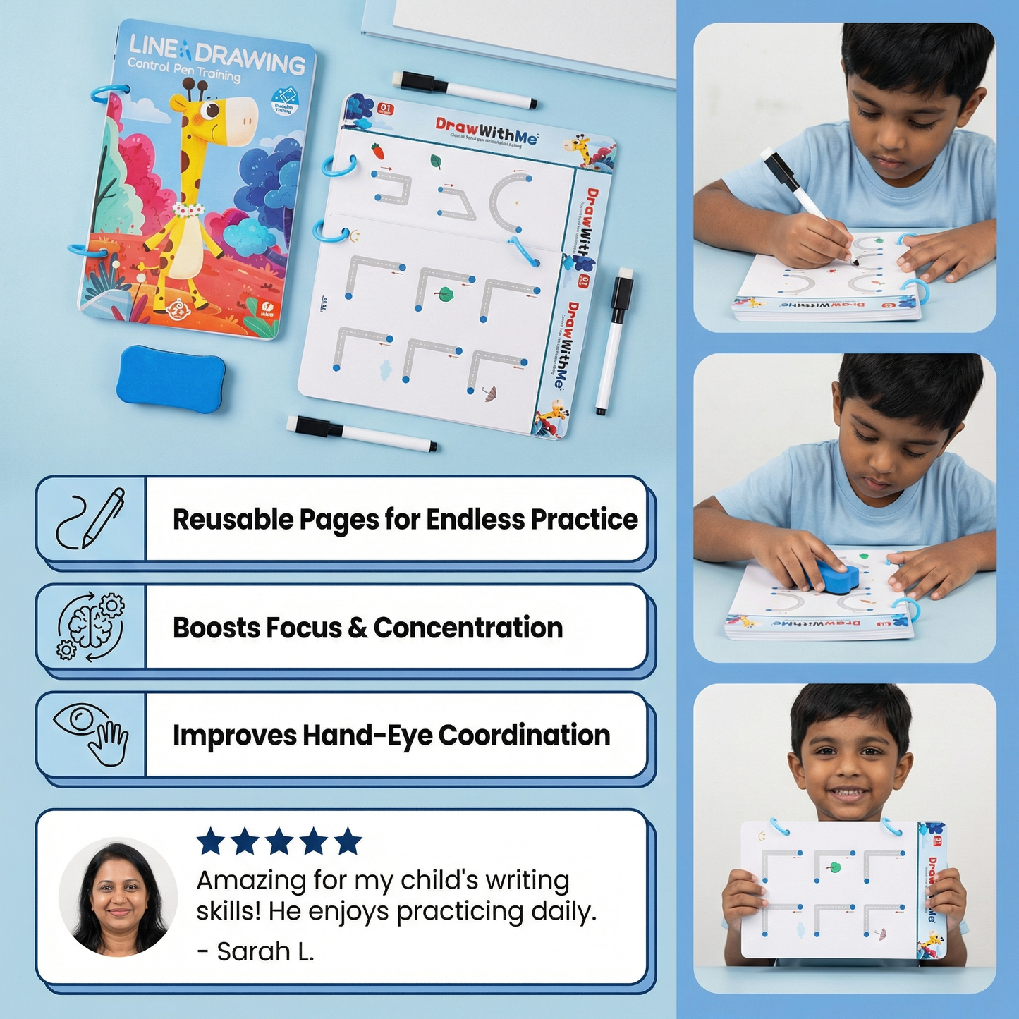 Pen Control Training Book for Kids ⎜ Reusable Drawing Practice to Boost Focus and Hand-Eye Coordination