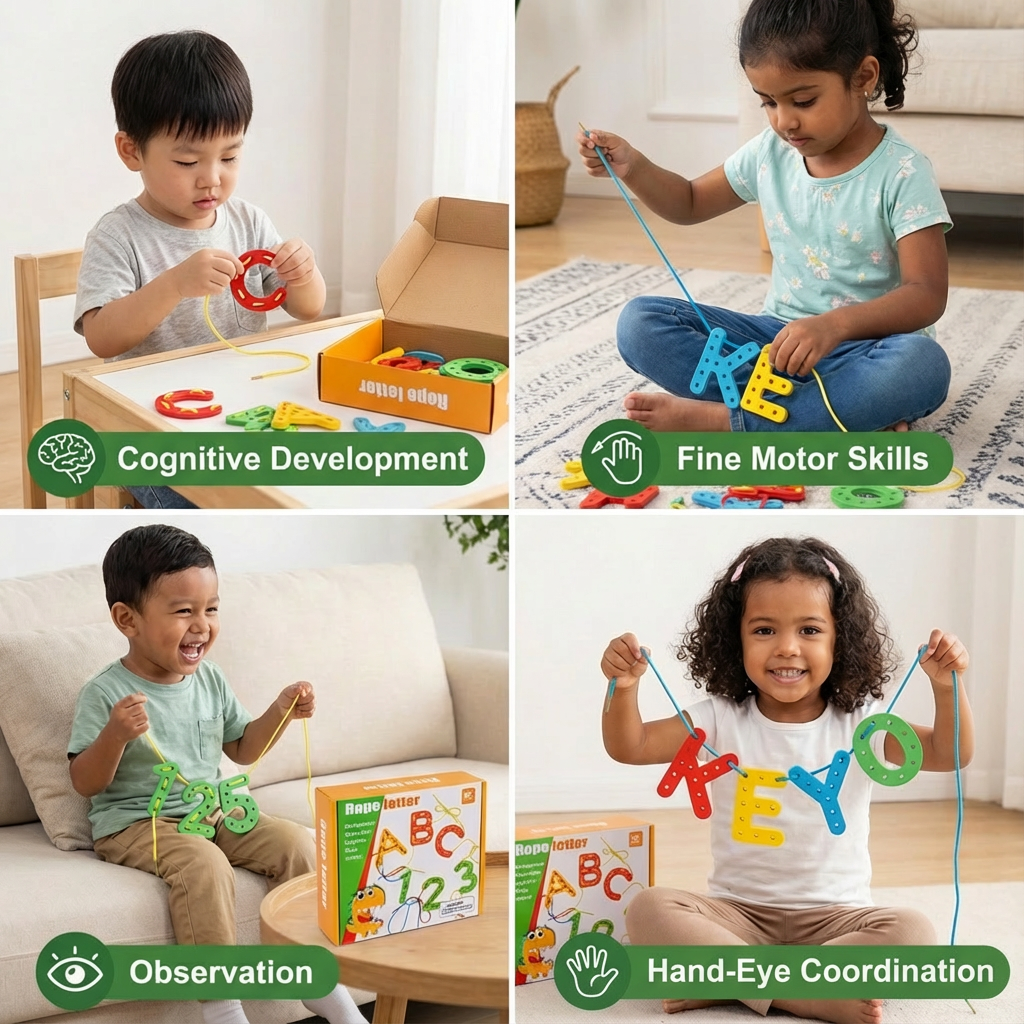 Letters, Numbers, and Colors Bead Stringing Learning Game Made of Wood