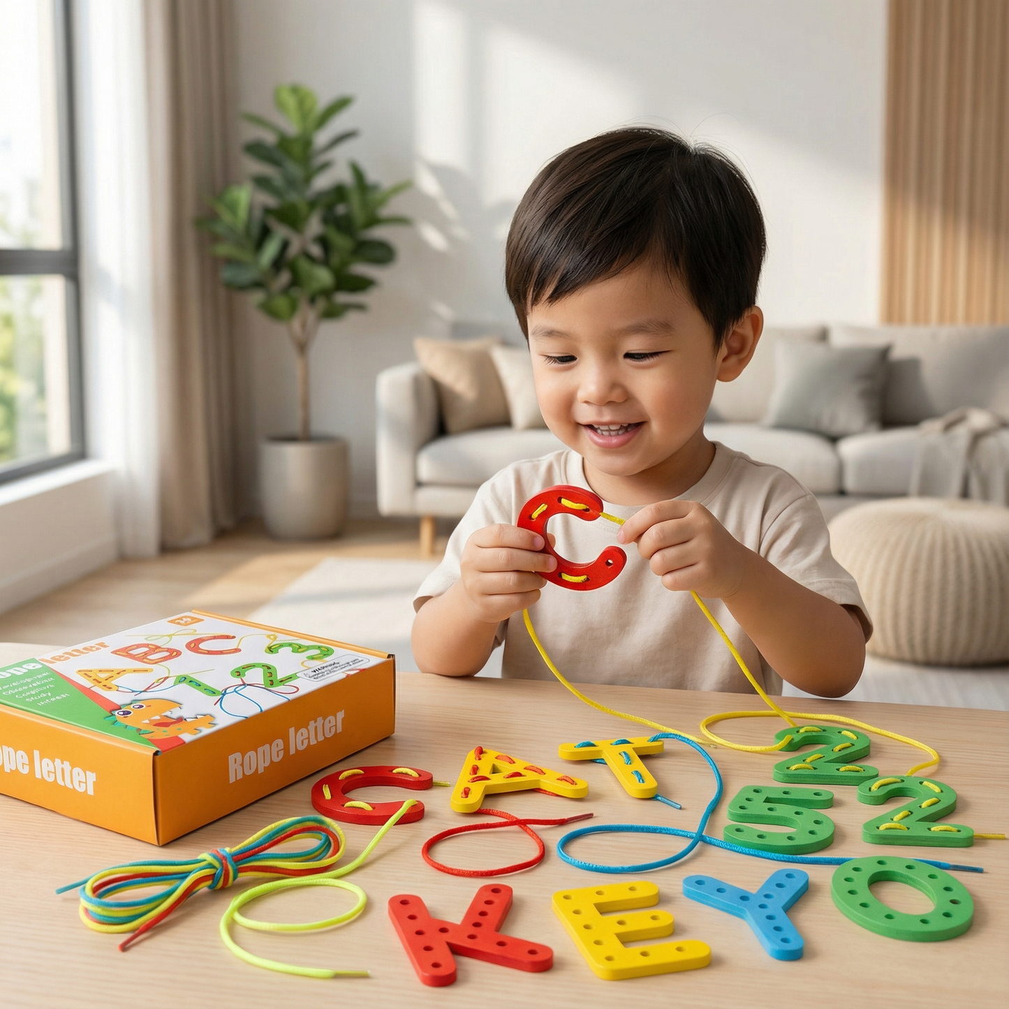 Letters, Numbers, and Colors Bead Stringing Learning Game Made of Wood