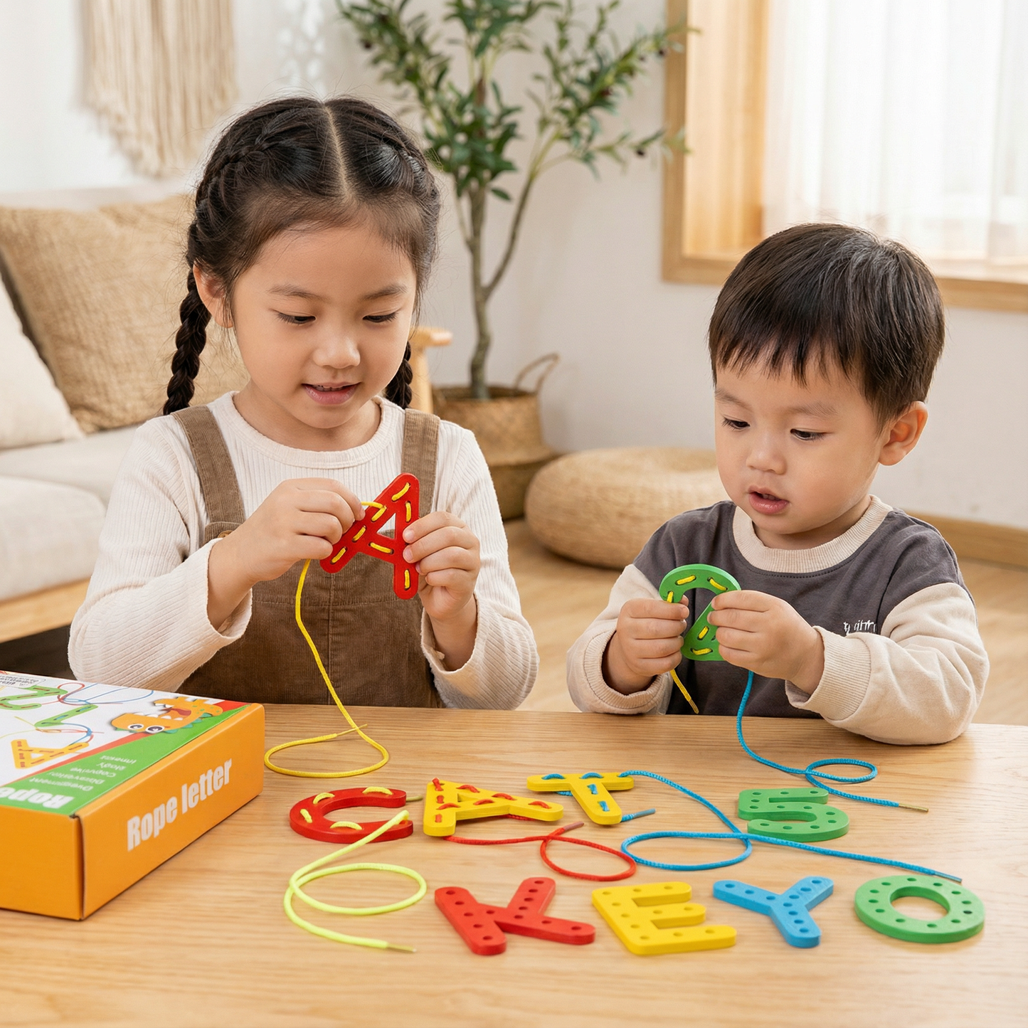 Letters, Numbers, and Colors Bead Stringing Learning Game Made of Wood