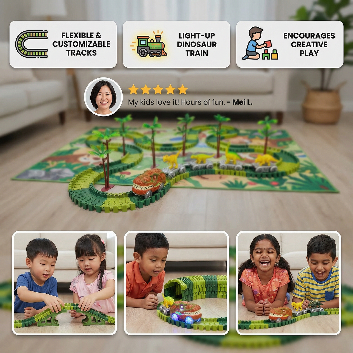 Dinosaur Track Adventure – Flexible Racing Track with Light-Up Train