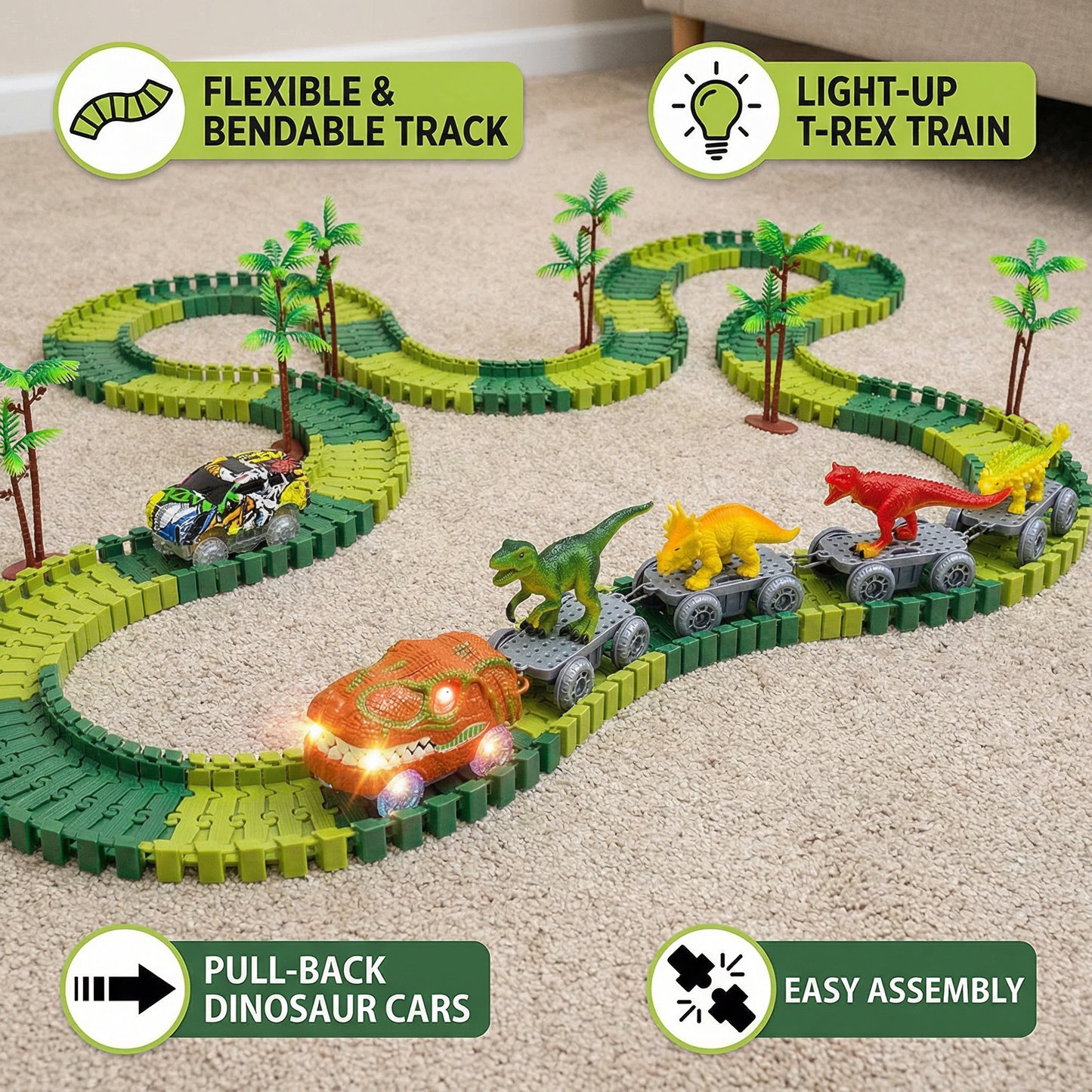 Dinosaur Track Adventure – Flexible Racing Track with Light-Up Train