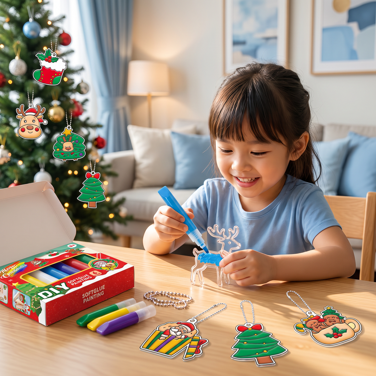 DIY Christmas No-Bake Glue Painting Ornament Craft Kit for Kids